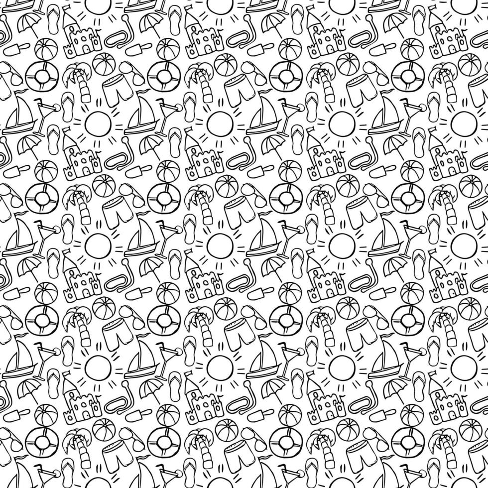 Travel vacation set of icons, journey and trip background. Doodle summer travel icons. Summer seamless pattern. travel icons on white background. Vacation vector pattern with travel icons
