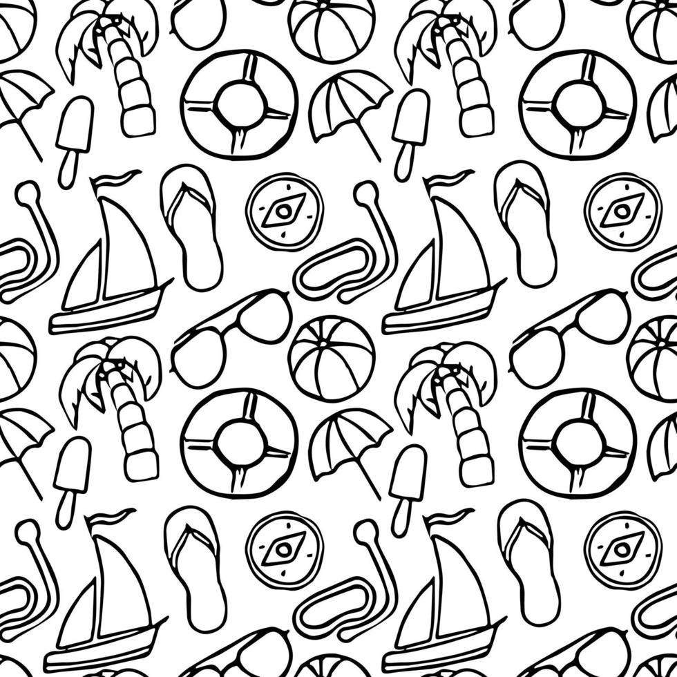 Travel vacation set of icons, journey and trip background. Doodle summer travel icons. Summer seamless pattern. travel icons on white background. Vacation vector pattern with travel icons