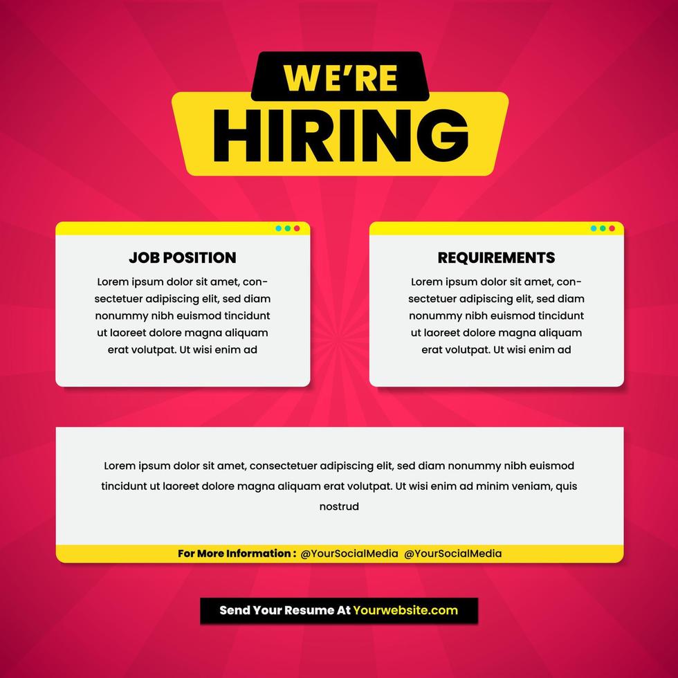 Hiring recruitment design poster. We are hiring join to team announcement lettering in speech window box vector illustration isolated on red background