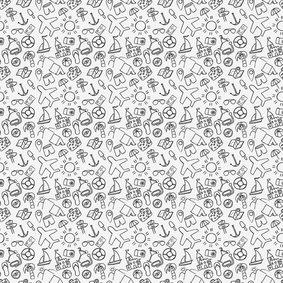 Summer seamless pattern. Summer travel icons. Travel vacation set of icons, journey and trip background. travel icons on white background. Vacation vector pattern