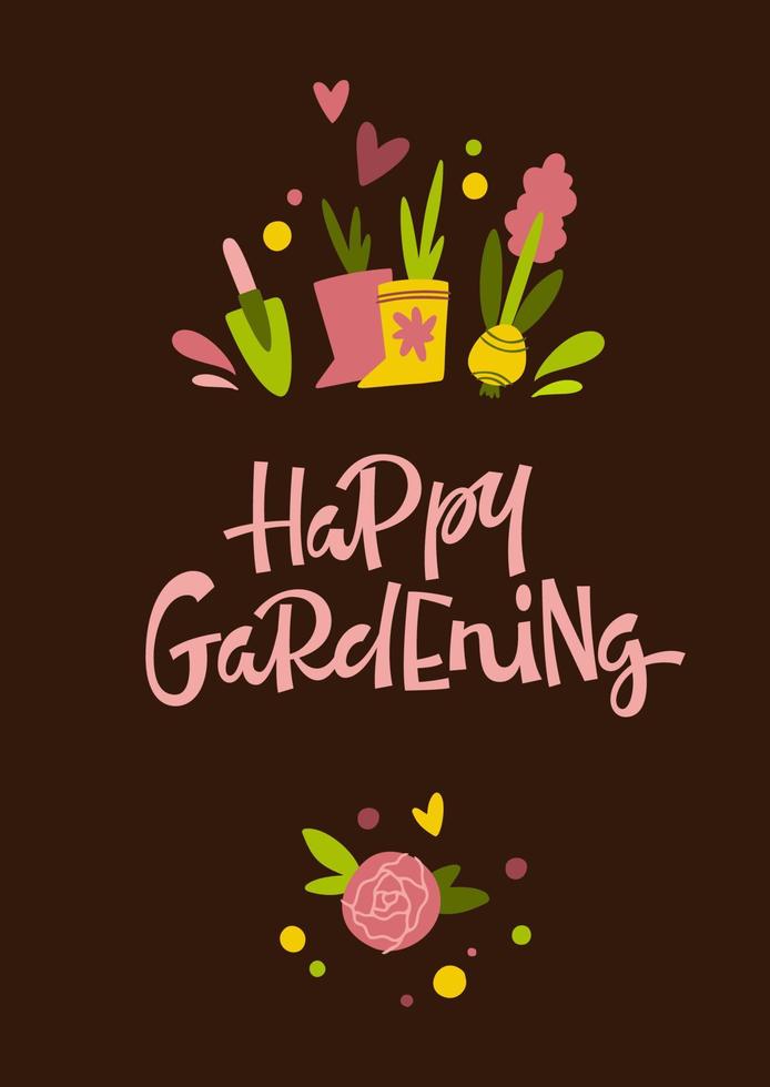 Happy Gardening phrase on postcard vector