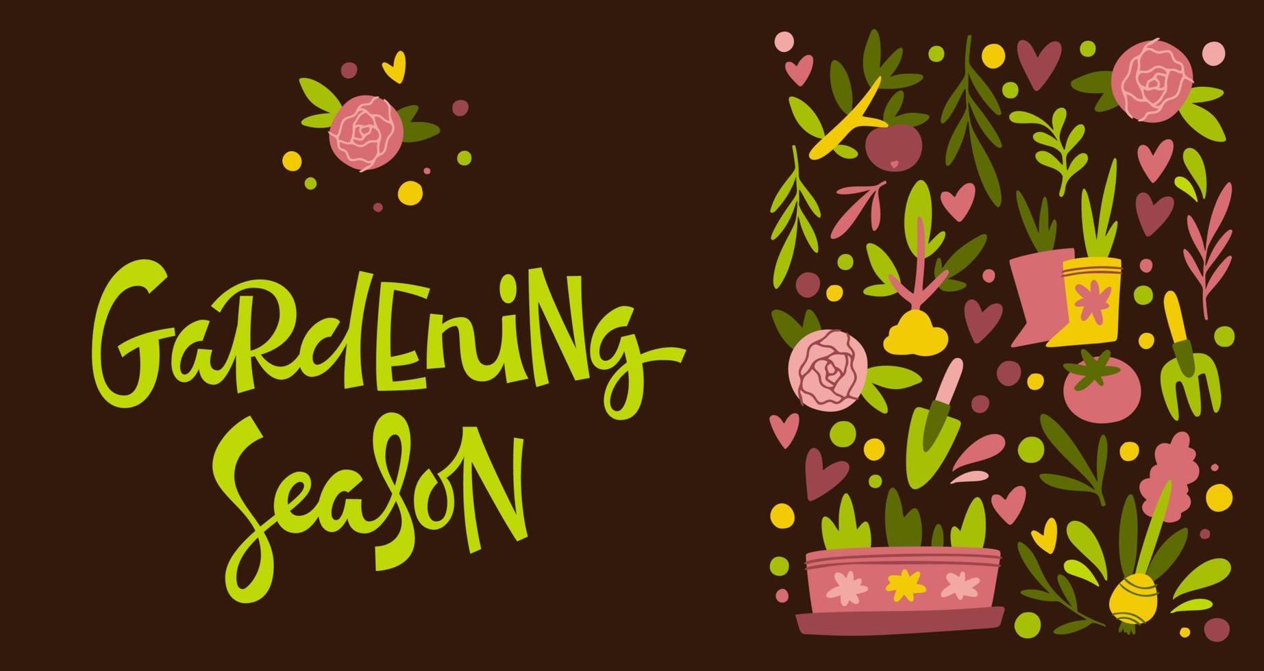 cartel con inscripción de temporada de jardinería y flores. vector