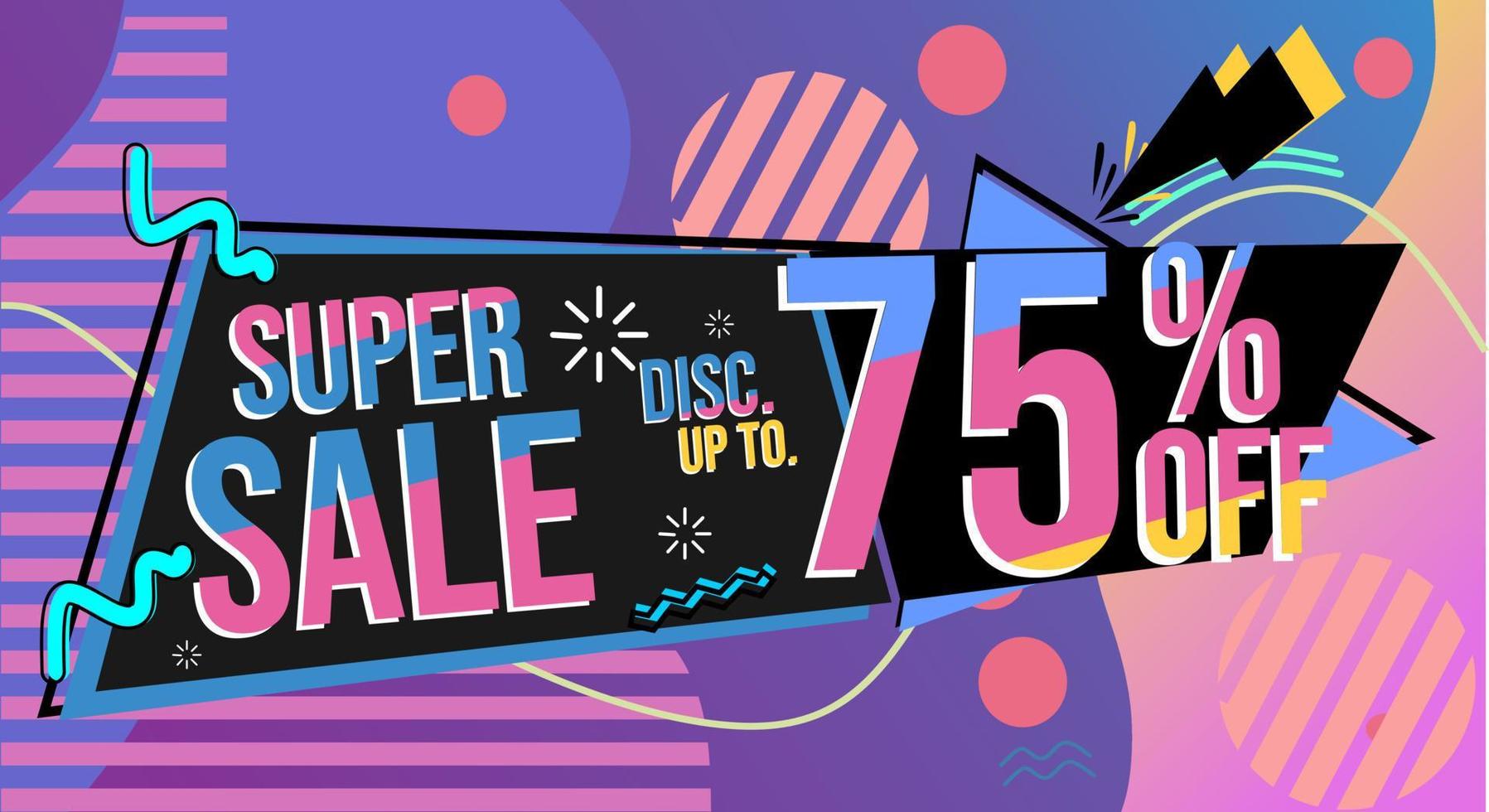 super sale advertising banner in 80s memphis style. colorful and cheerful background design vector