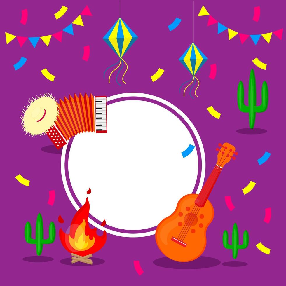 Festa Junina holiday card, guitar, button accordion, party flags and paper lantern on purple background, brazil june festival, greeting card design, invitation or celebration poster, vector