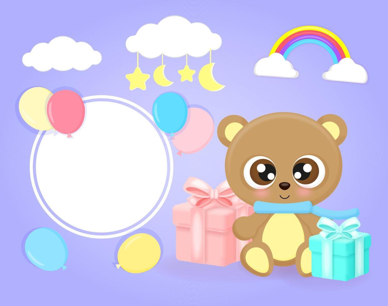 Cute poster with little teddy bear, balloons, clouds, gifts, stars and moon, flat realistic style, for baby shower, greeting card, vector illustration.