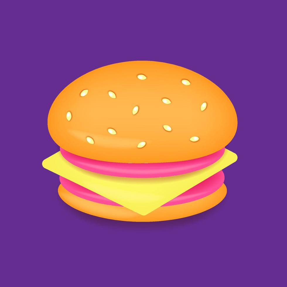 Cartoon style hamburger on purple background, fast food concept, 3D rendering, vector illustration