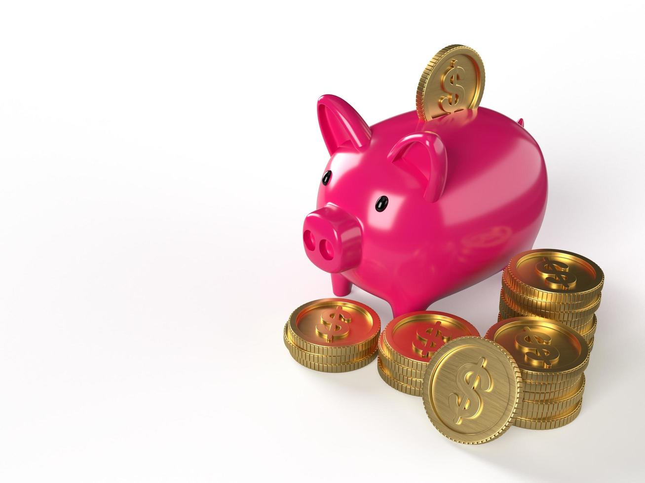 Piggy bank and gold coins with dollar sign. Money saving, profit, investment concept. 3D Rendering photo