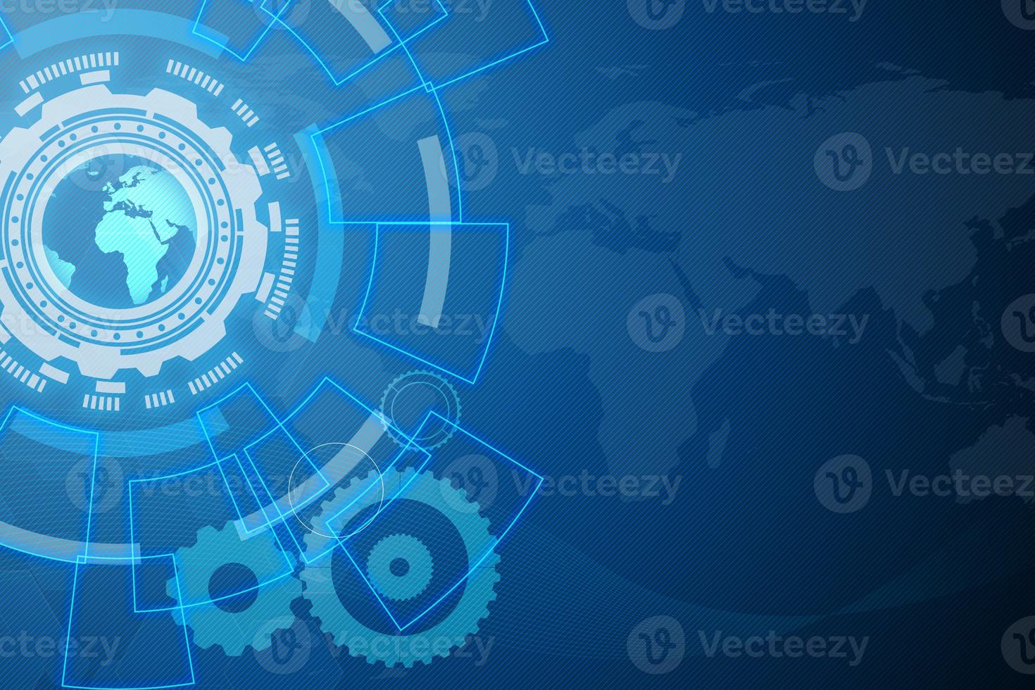 Abstract futuristic technology on blue color background,Cyber security, White gear and tree cog wheel on circuit board, Space for gear text,Technology and engineering photo