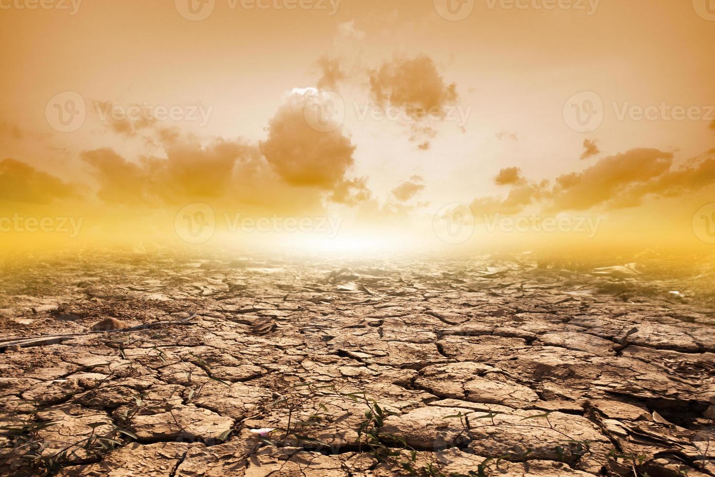 suelo agrietado en verano con la puesta de sol o grietas del suelo seco en temporada árida sobre fondo de cielo naranja. calentamiento global foto