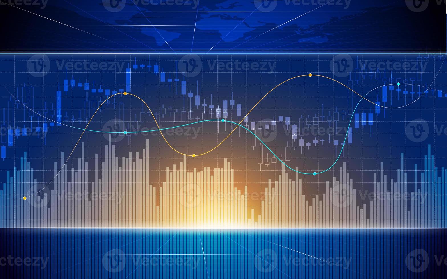 Background media blue image with stock market investment trading, candle stick graph chart, trend of graph, Bullish point, soft and blur, illustration. photo