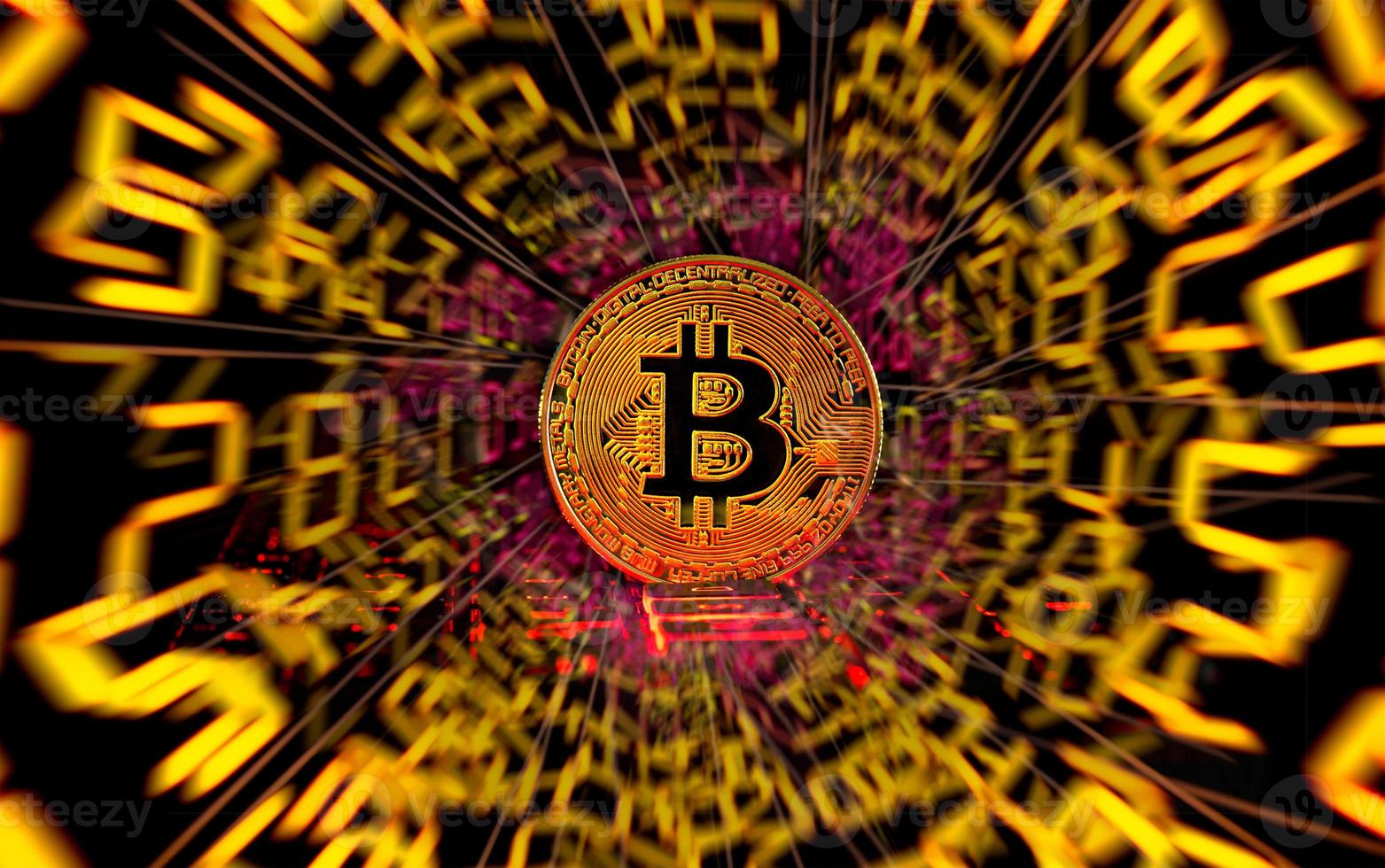 Golden bitcoin crypto currency coin on matrix background with digital number around it. Main important digital currency for the future. photo