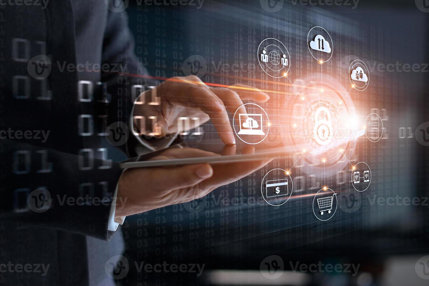 Businessman using tablet and lock icon with customer network connection and exchange data on virtual  screen, business security and cyber attack concept photo