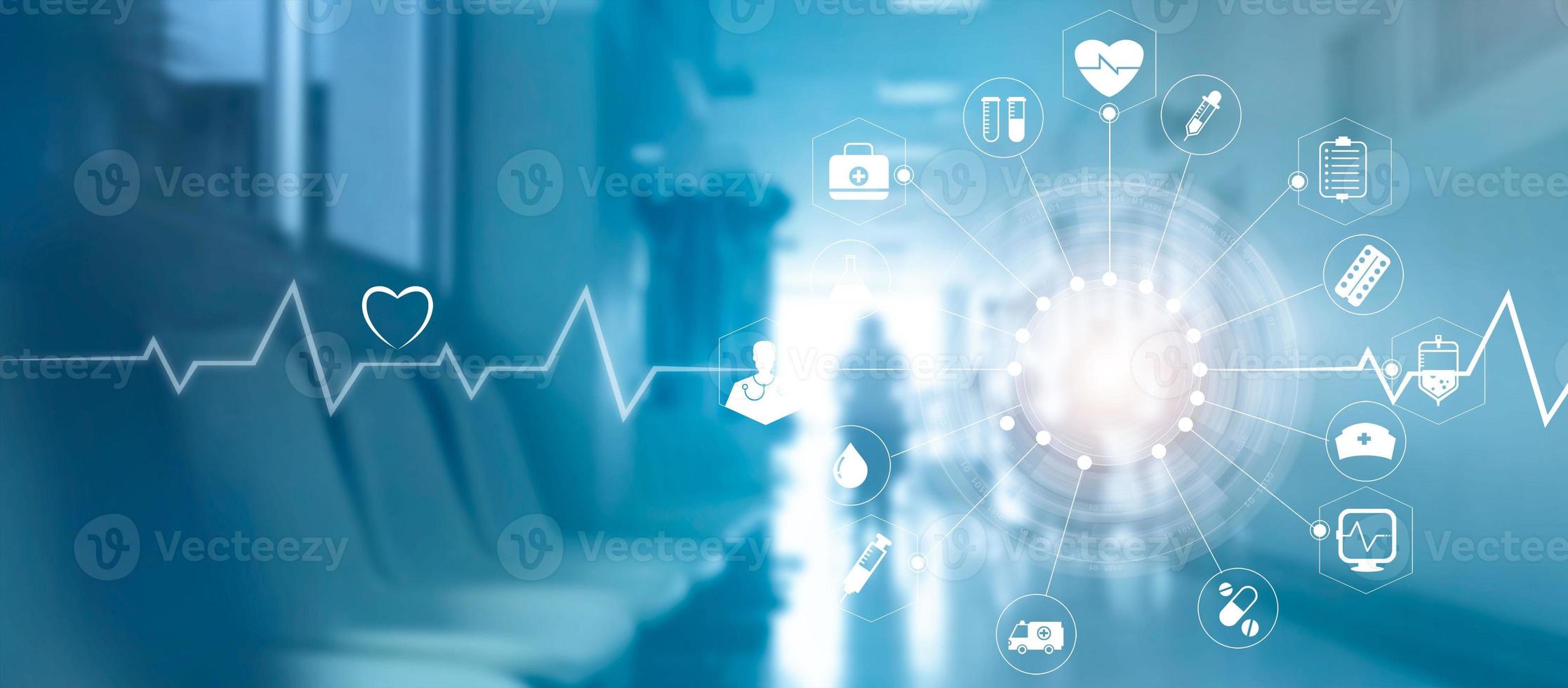 Medical icon network connection with modern virtual screen interface on hospital background, medicine technology network concept photo