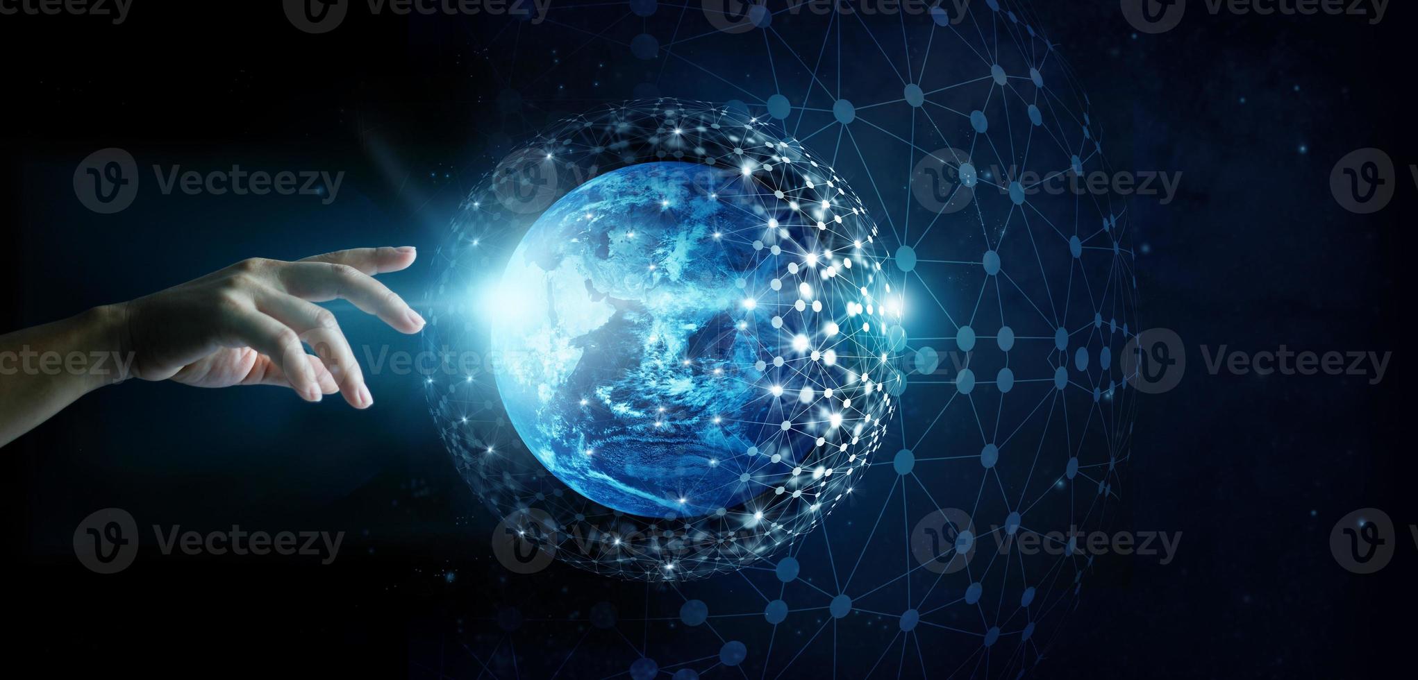 Hand touching global network connection and data exchanges on the planet earth background, Elements of this image furnished by NASA photo