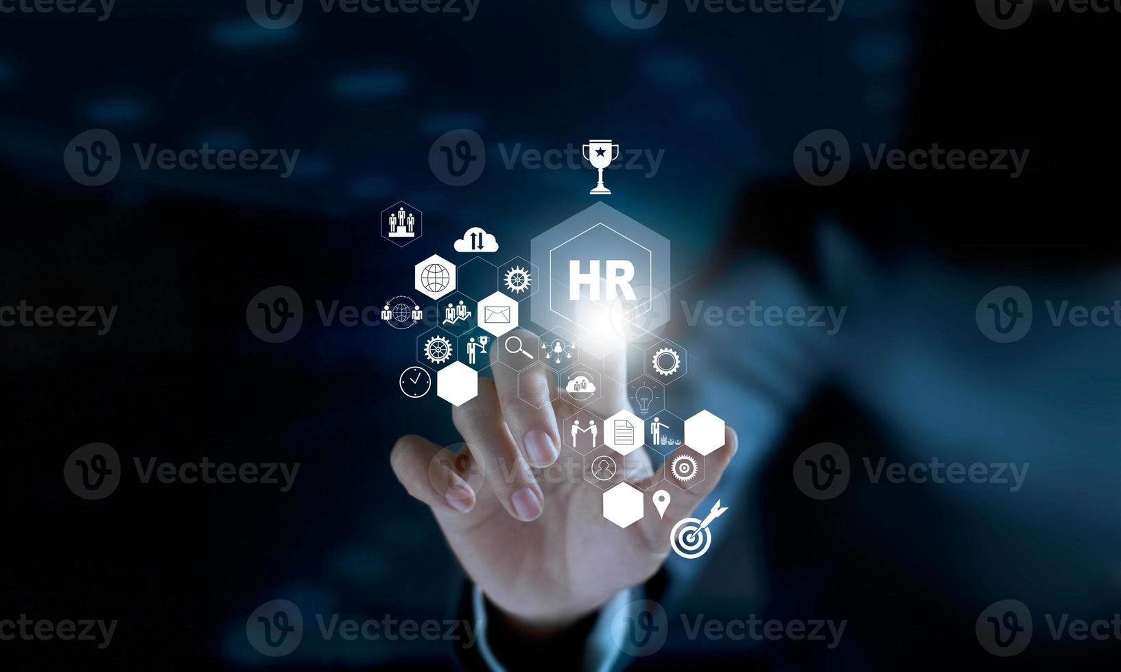 Businessman touching modern virtual interface HR network connection, data mining and social media. CRM and Human resources concept photo