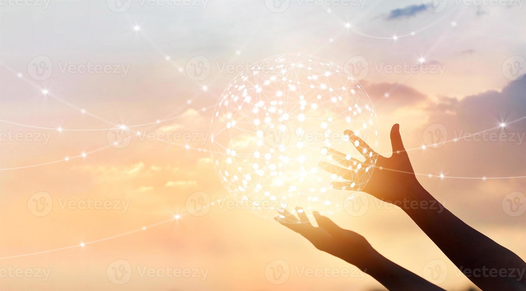 Abstract science, circle global network connection in hands on sunset background photo