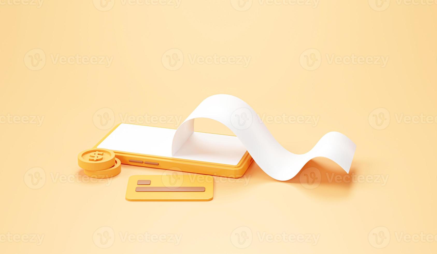 Receive on smartphone with money and credit card online shopping and payment concept on orange background 3d rendering photo