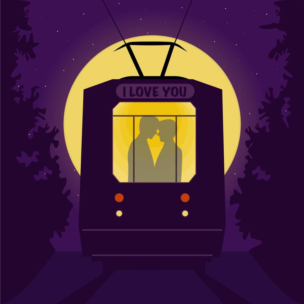 Gay couple in the tram at night. vector