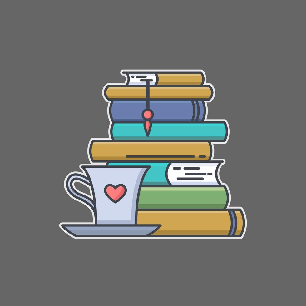 Colored line icon of pile of books and tea or coffee cup with heart symbol. I love reading concept for libraries, book stores and schools. Vector illustration isolated.