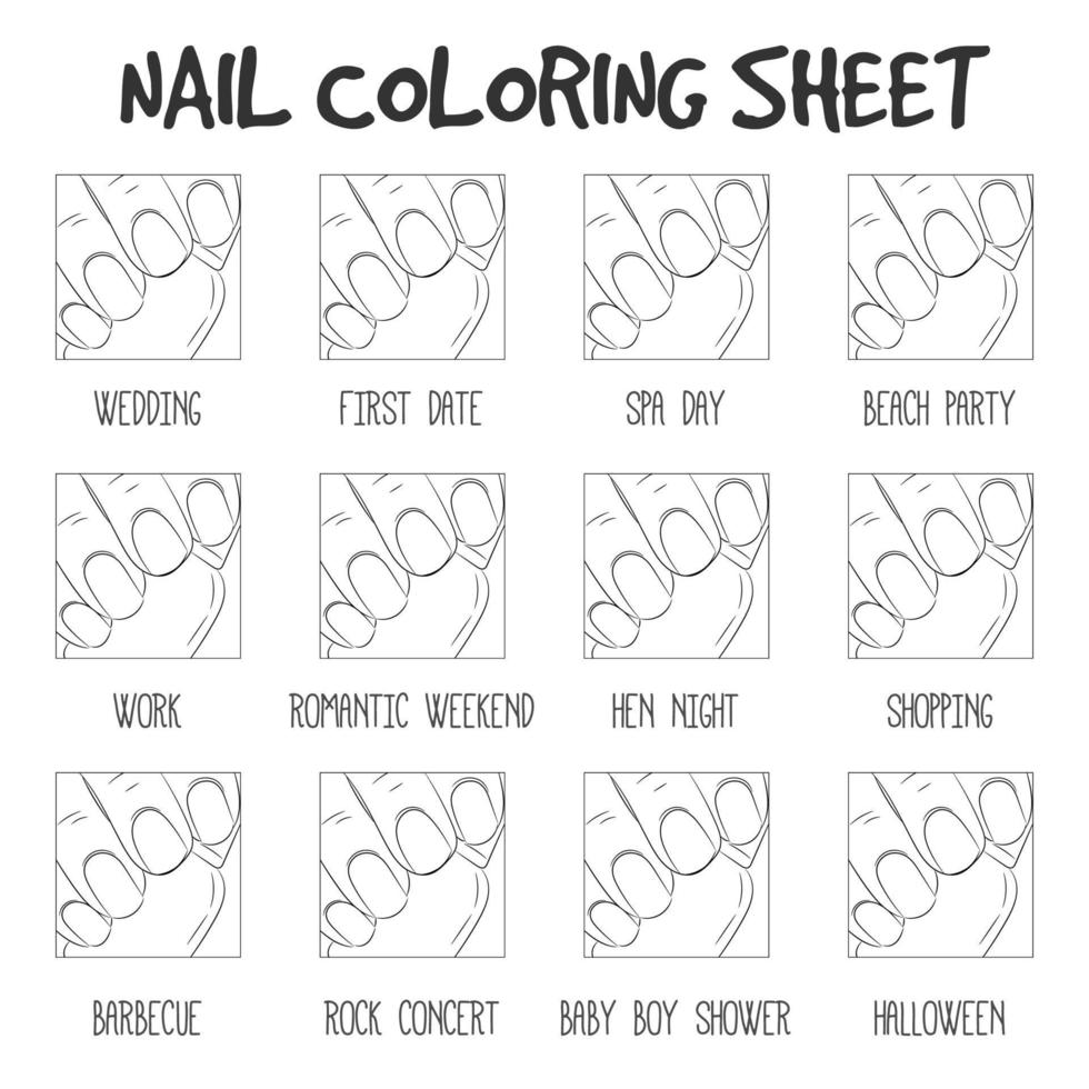 Manicure options coloring sheet, black and white. Color styles for different occasions, wedding, first date, baby shower, work vector
