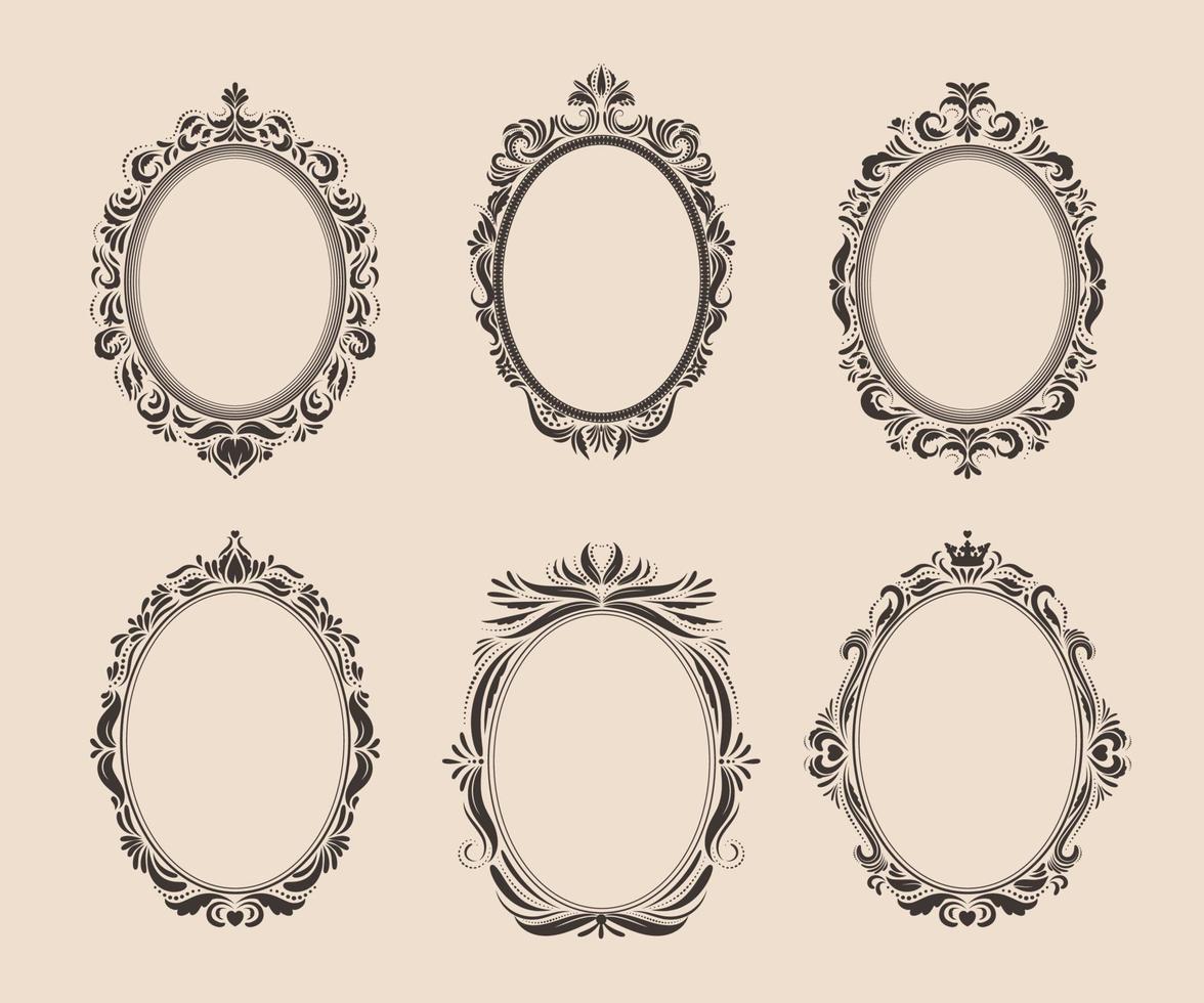 Decorative oval vintage frames and borders set. Victorian and baroque style design. Elegant royal-style frame shapes with swirls for labels,tags and invitations. Vector illustration.