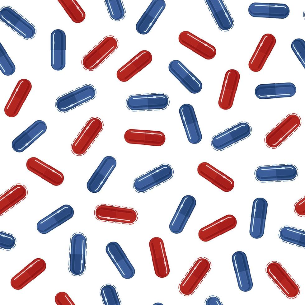 Pastillas azules y rojas de patrones sin fisuras, ilustración vectorial, fondo blanco. concepto de elección. Metáfora de dos alternativas. vector