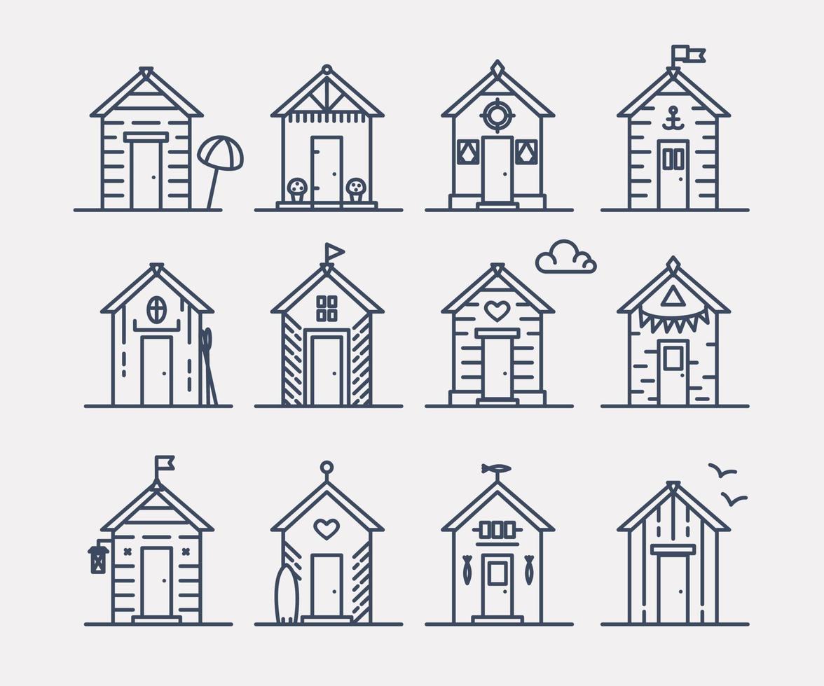 Set of beach hut icons, flat line style, blue and white. vector