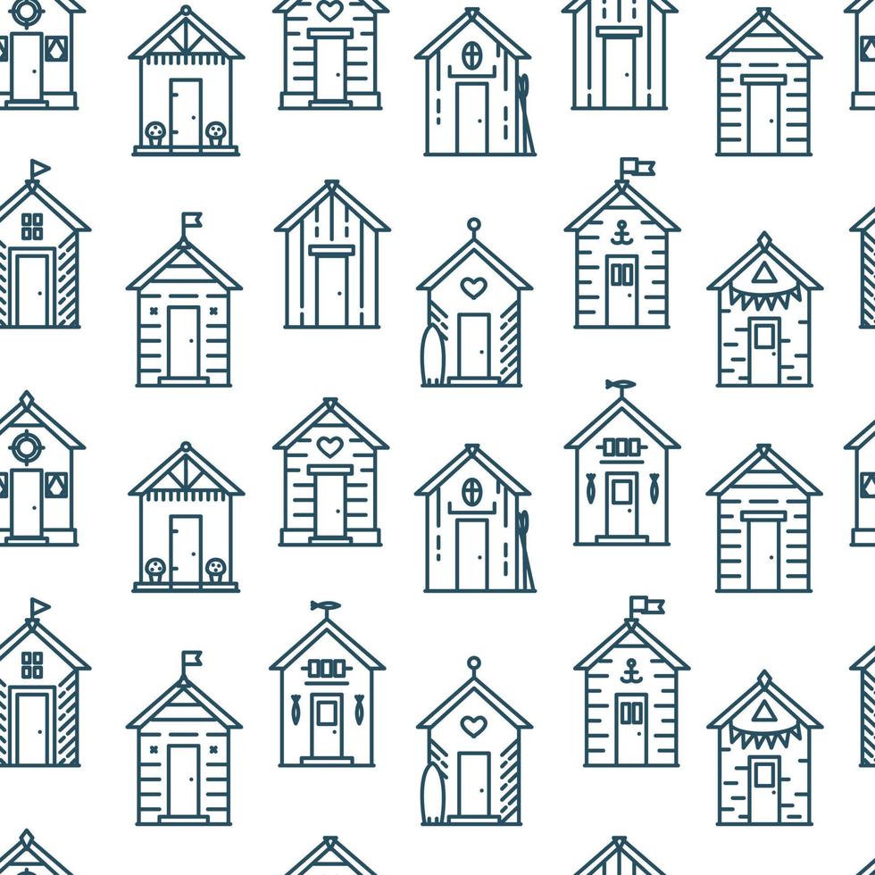 Beach hut seamless pattern, flat line style, blue and white. vector