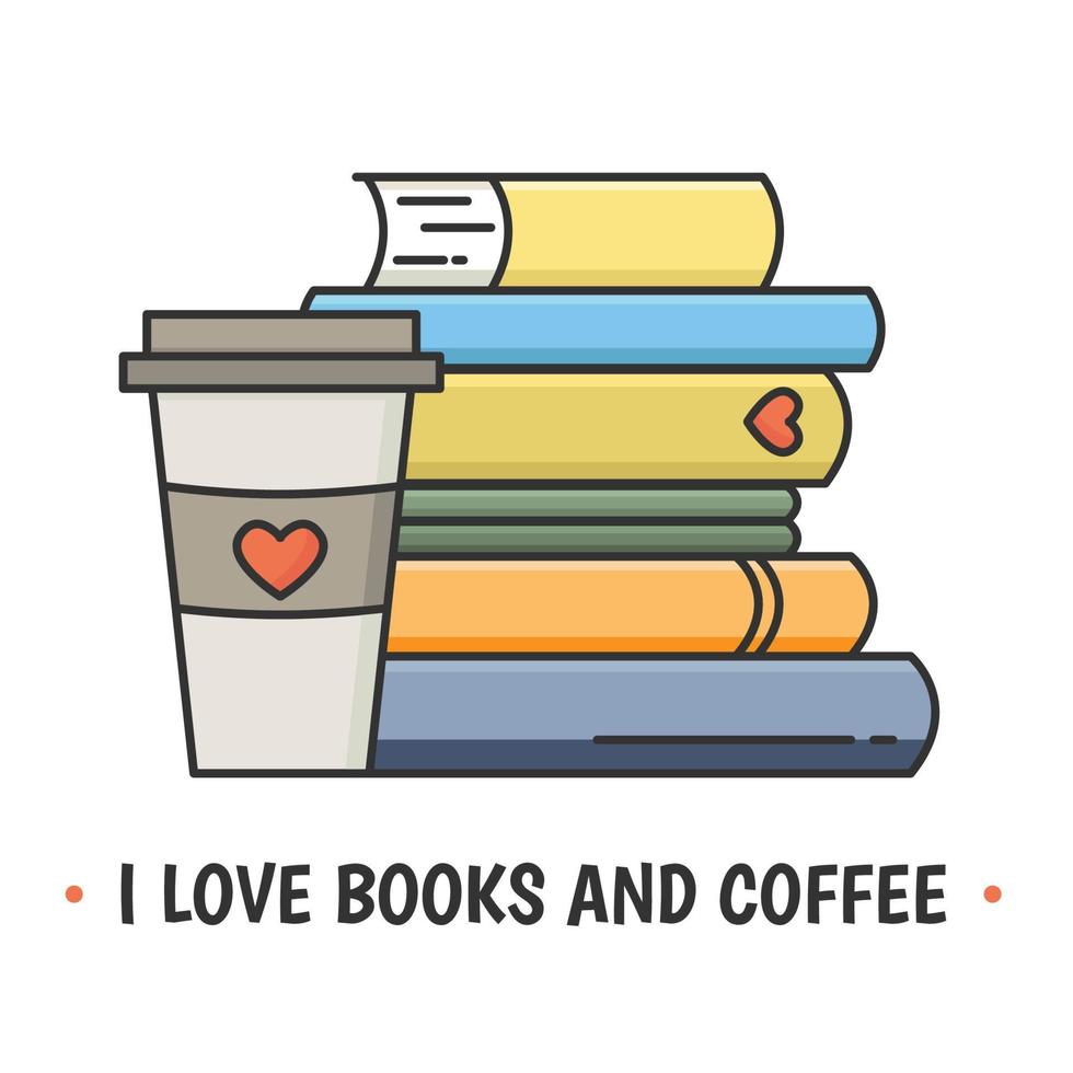 Colored line icon showing pile of books and coffee paper cup with cap. Love reading concept with heart symbols. vector