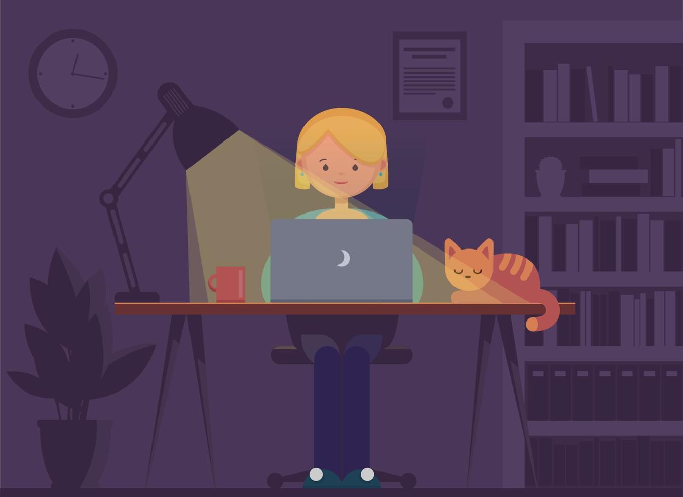 Freelancer working at night concept. Young woman sitting in the room with laptop. vector