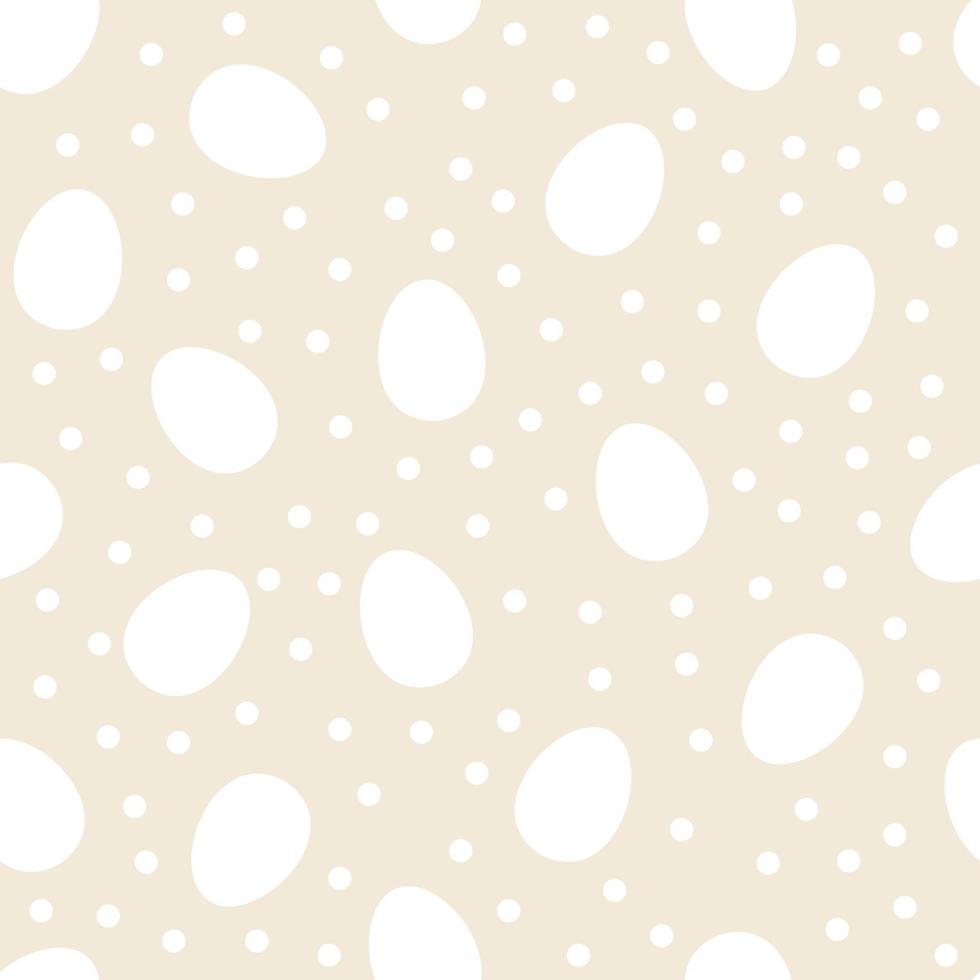 Seamless pattern with white Easter eggs and polka dots or confetti on beige background. vector