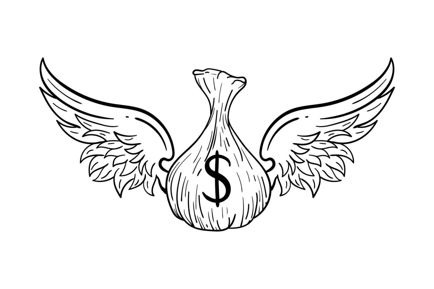 dinero dibujado a mano con alas ilustración de garabato para cartel de pegatinas de tatuaje, etc. vector
