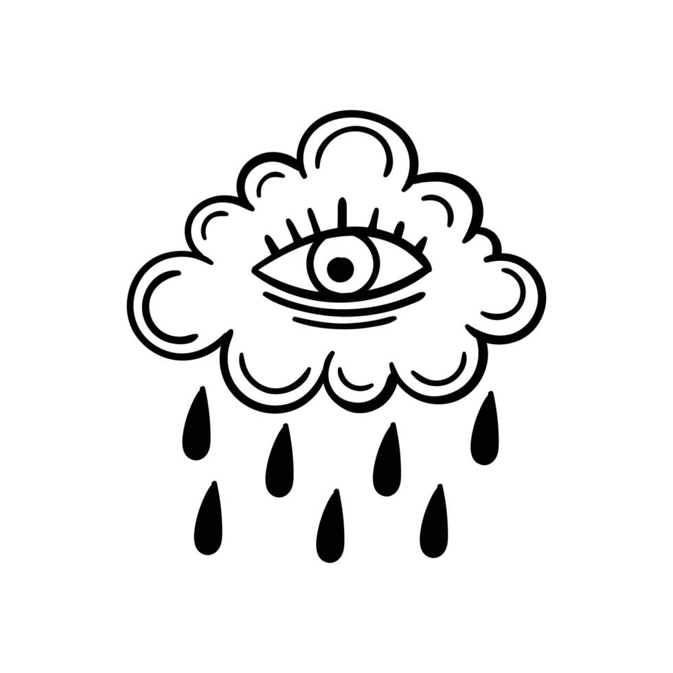 lluvia de nubes dibujada a mano con ilustración de garabatos de ojos para póster de pegatinas de tatuajes, etc. vector