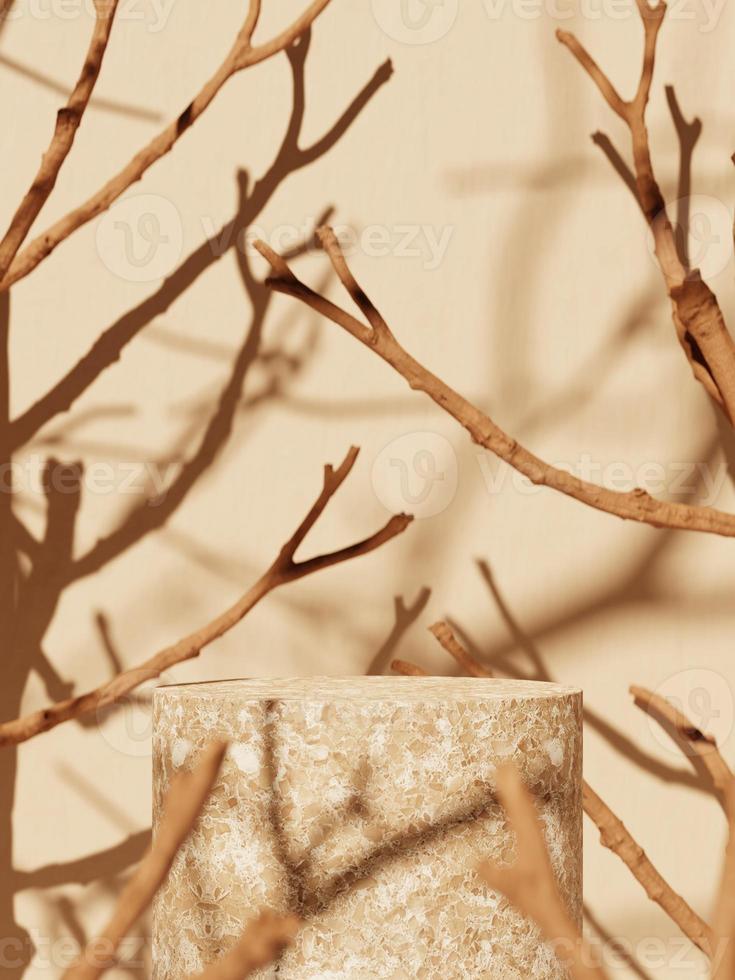 3d minimal display podiums along with dried tree and shadow against beige background. 3d rendering of realistic presentation for product advertising. 3d minimal illustration. photo