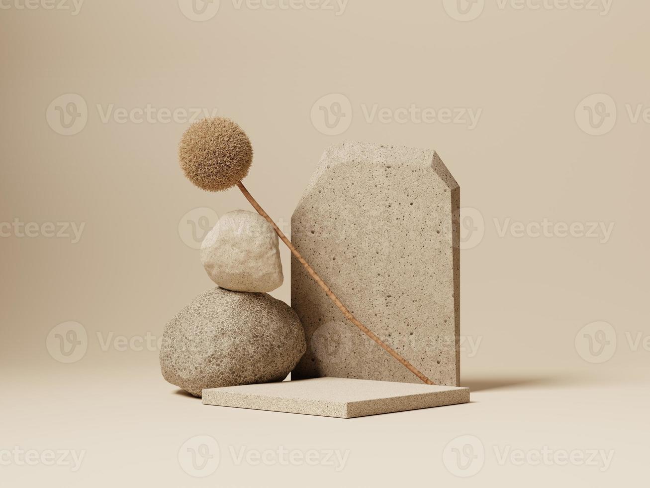 3d minimal display podiums with dried plant and stones on beige background. 3d rendering of abstract presentation for product advertising. 3d minimal illustration. photo