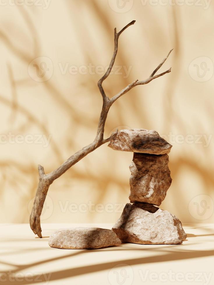 3d stone display podiums along with dried tree branches and shadow on beige floor and wall. 3d rendering of realistic presentation for product advertising. 3d minimal illustration. photo