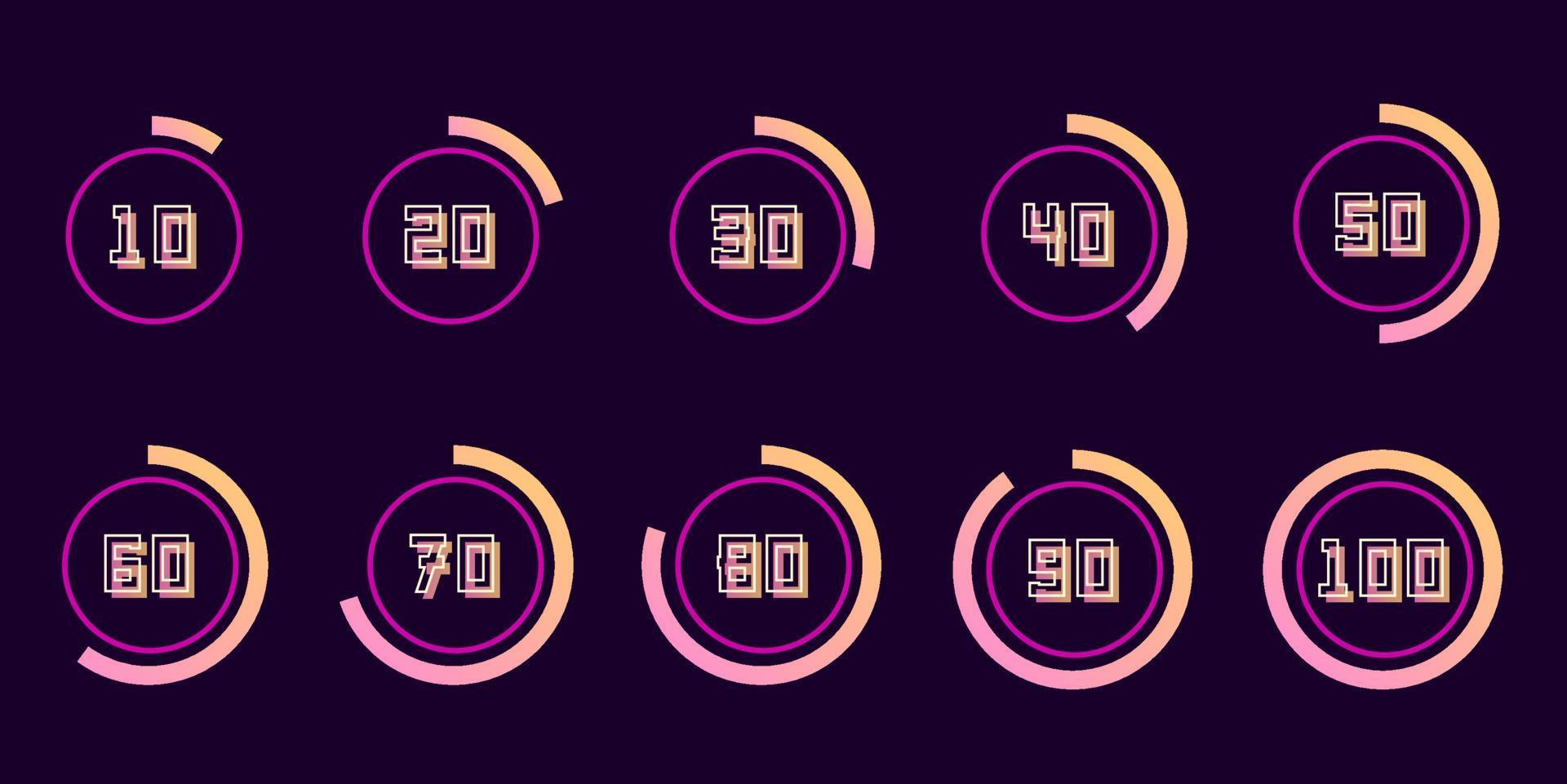 Circles with percentage from ten to hundred. Numbers in circular shapes 10, 20, 30, 40, 50, 60, 70, 80 and 100 numbers with gradient circle. vector