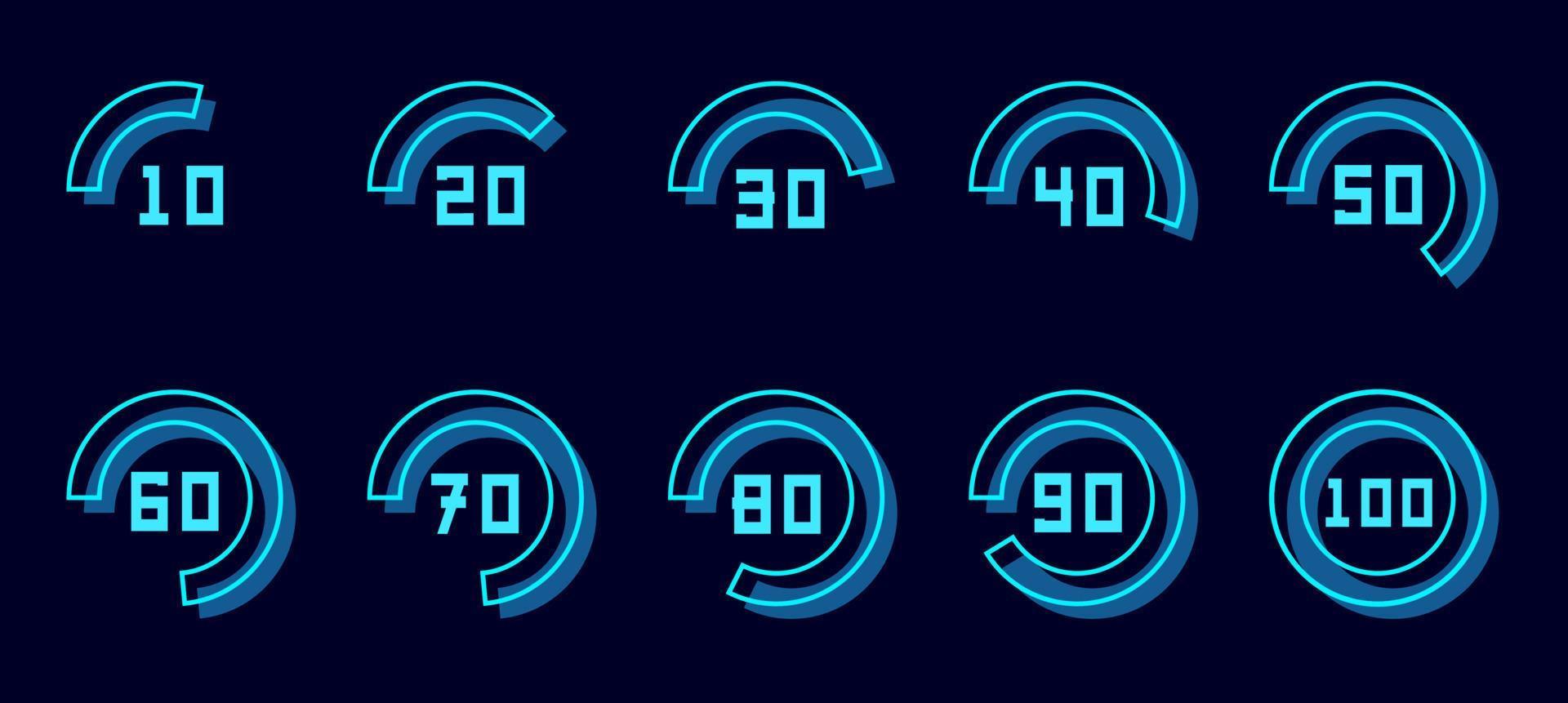 Hi tech vector circle percentage from ten to hundred. From 10 to 100 percent in circle icon set, infographic progress modern design elements