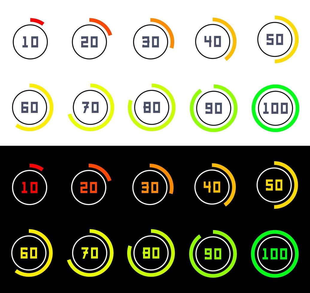 Circles with percentage from ten to hundred. Numbers in circular shapes 10, 20, 30, 40, 50, 60, 70, 80 and 100 numbers with gradient circle. vector