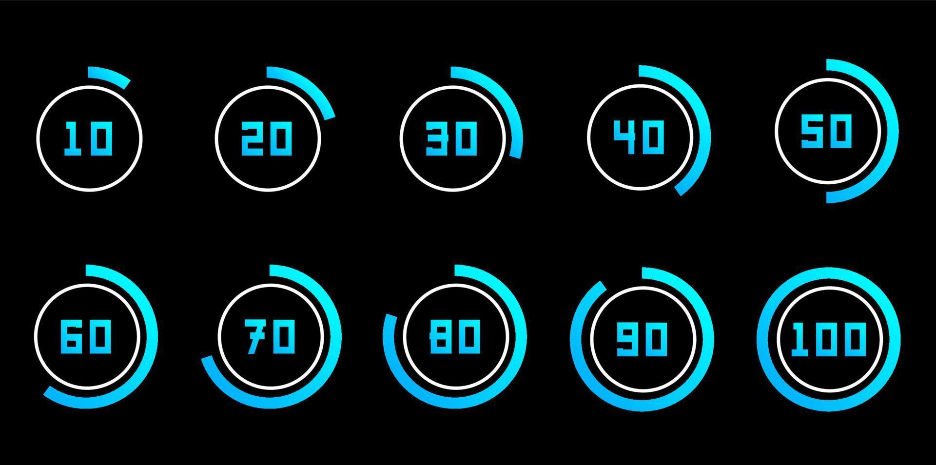 Hi tech vector circle percentage from ten to hundred. From 10 to 100 percent in circle icon set, infographic progress modern design elements