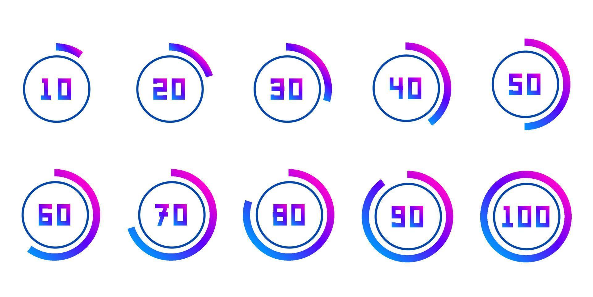 Circles with percentage from ten to hundred. Numbers in circular shapes 10, 20, 30, 40, 50, 60, 70, 80 and 100 numbers with gradient circle. vector