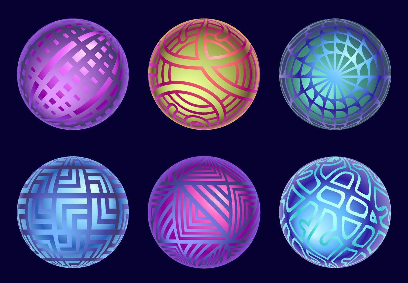 colección de esferas mágicas. conjunto de bolas vectoriales místicas aisladas en fondo oscuro. esferas mágicas misteriosas abstractas en colores amarillo, azul y violeta. vector