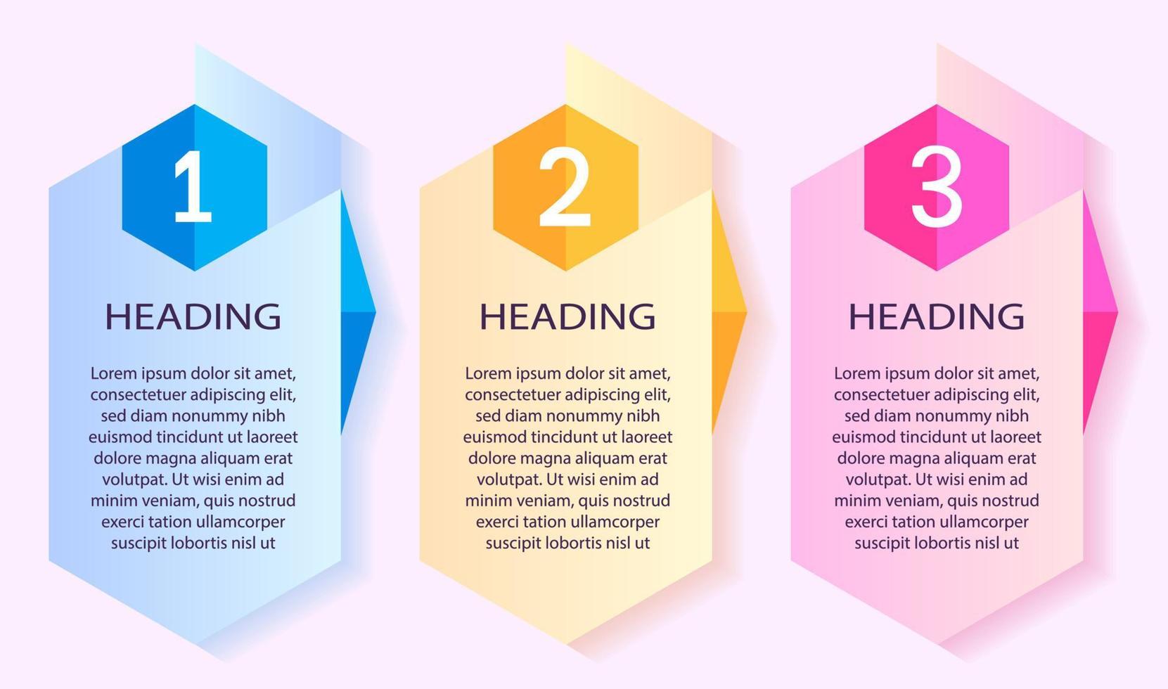 Infographic hexagonal vertical columns with empty space. Blank space for your heading and text. Three columns with numbers in blue, orange and pink colors, vector illustration.