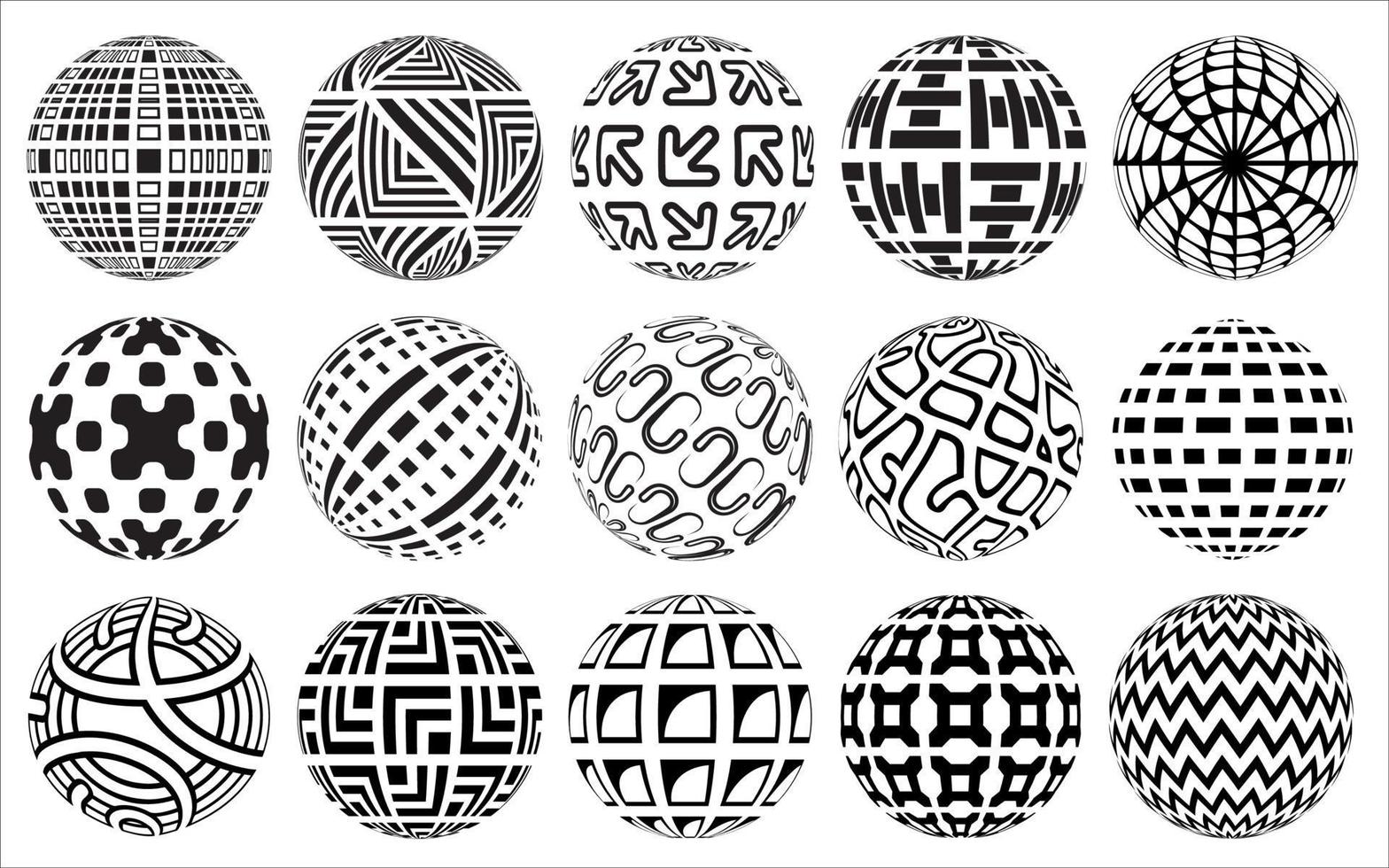 Abstract 3D spheres set. Collection of black and white patterned spheres. 3D rendering ball shapes with black and white abstract patterns, vector illustration.