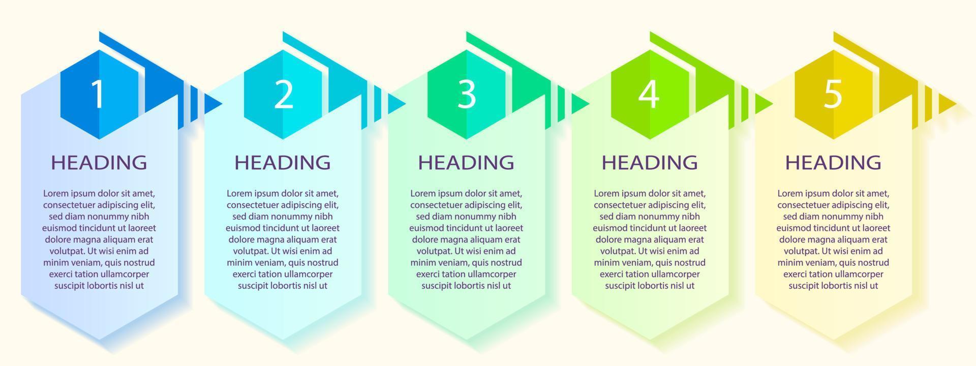 5 vertical numbered columns with sequence. Horizontal layout of empty vector columns for your heading and text. Gradient thread with soft colors and shadow, blank, copy space.