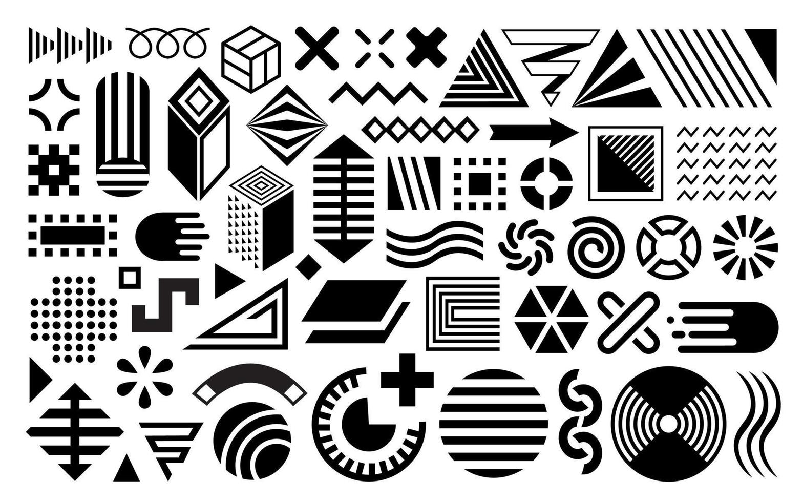 Abstract shapes, geometric design elements, Memphis set, vector abstract simple forms and figures in black isolated on white background. Trendy vintage decoration, 90's retro style.