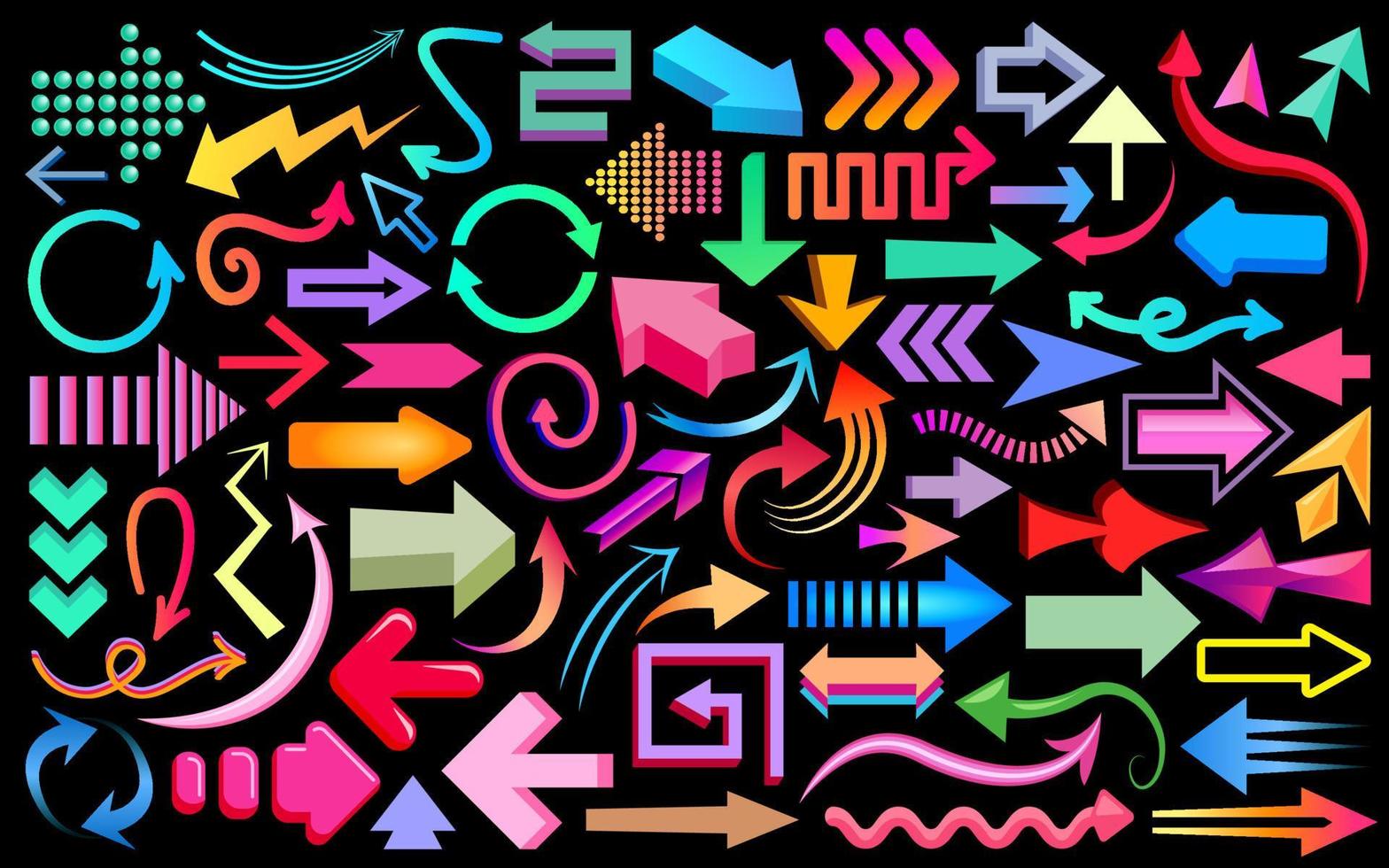 conjunto grande de iconos de flecha, colección de iconos de flecha coloridos abstractos. flechas fijadas rectas, curvas, isométricas, en zigzag, representación 3d, símbolos espirales aislados en fondo negro. flechas vectoriales de colores. vector
