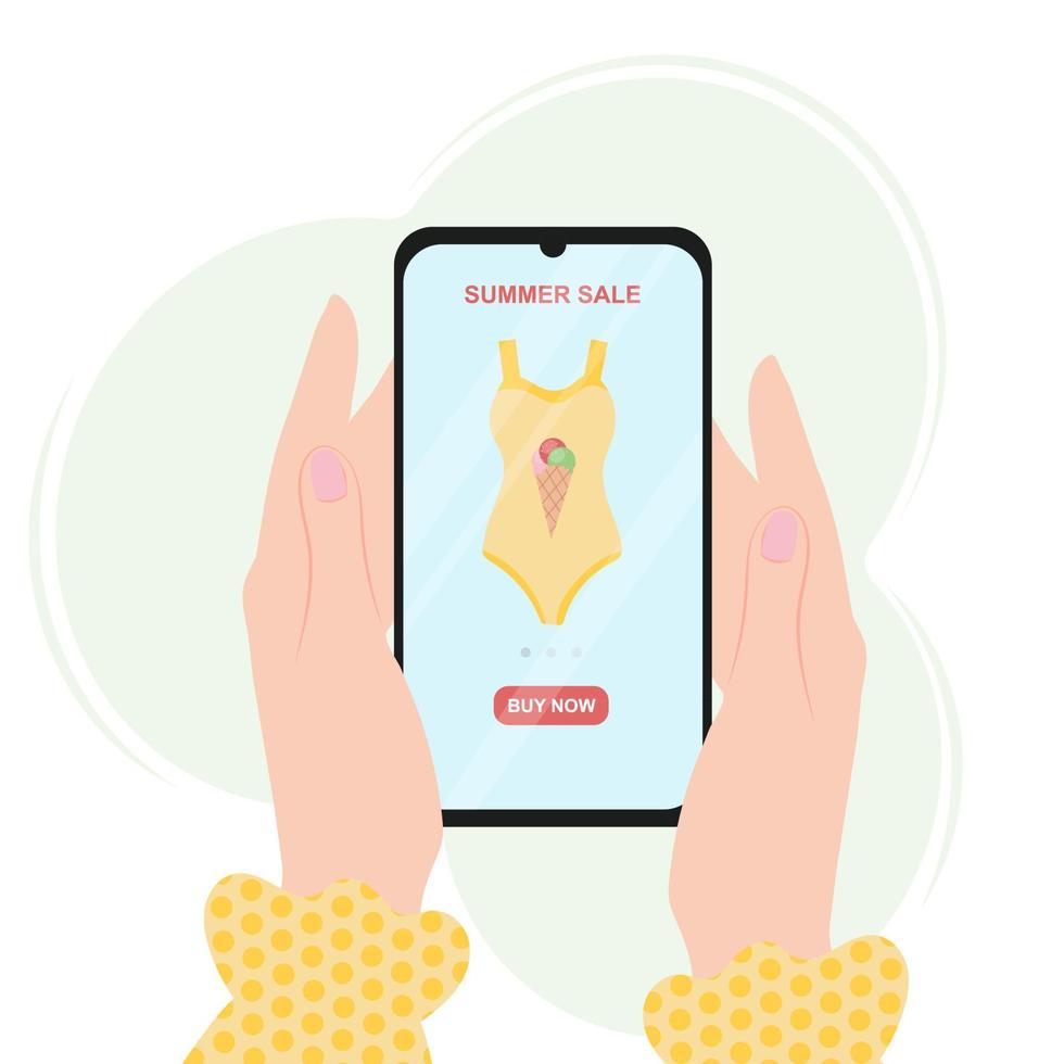 Summer online sale. The girl's hands are holding a smartphone with a swimsuit on the screen and the inscription - Summer Sale. vector