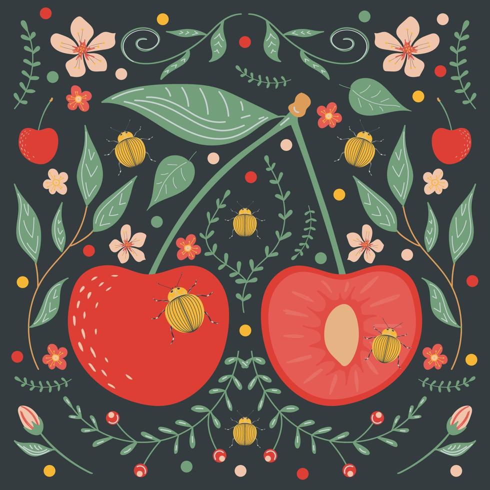 cereza roja, sobre un fondo oscuro con elementos florales, flores, hojas y escarabajos amarillos. vector