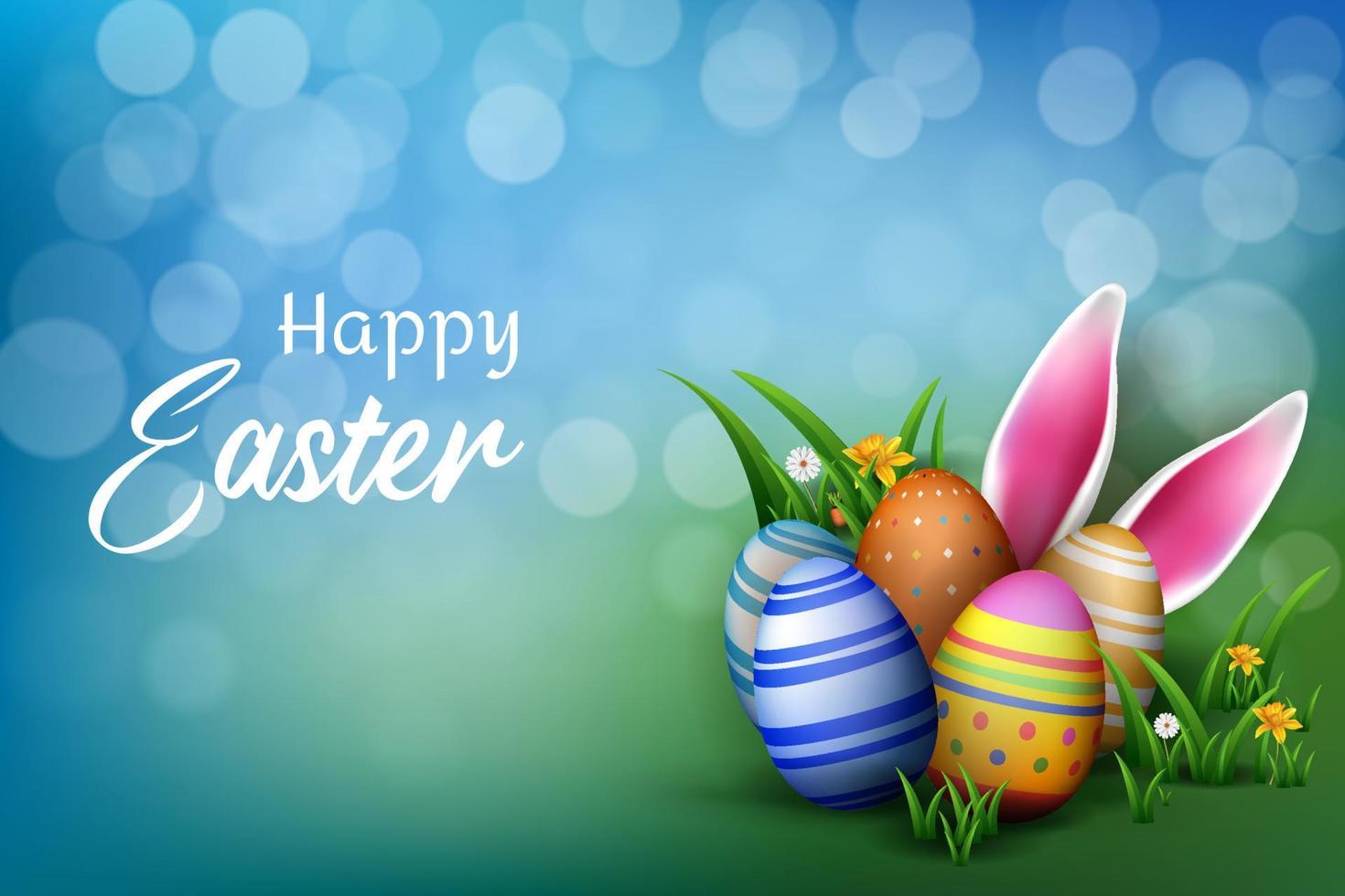 easter banner decoration with creative grasses, easter eggs, flower and wooden board vector